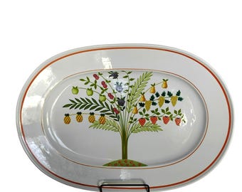 Piatto da portata ovale Villeroy & Boch China Bon Appetit da 40 cm, design anni '80 con albero da frutto, fragola, bacca, ananas, ciliegia, stoviglie retrò