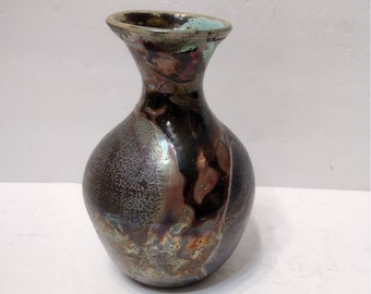 Vintage Raku Pottery Vase, signed B Thomas, Black Green Copper, Art Pottery, Studio Pottery, Ceramic Vase, Hand Crafted Pottery