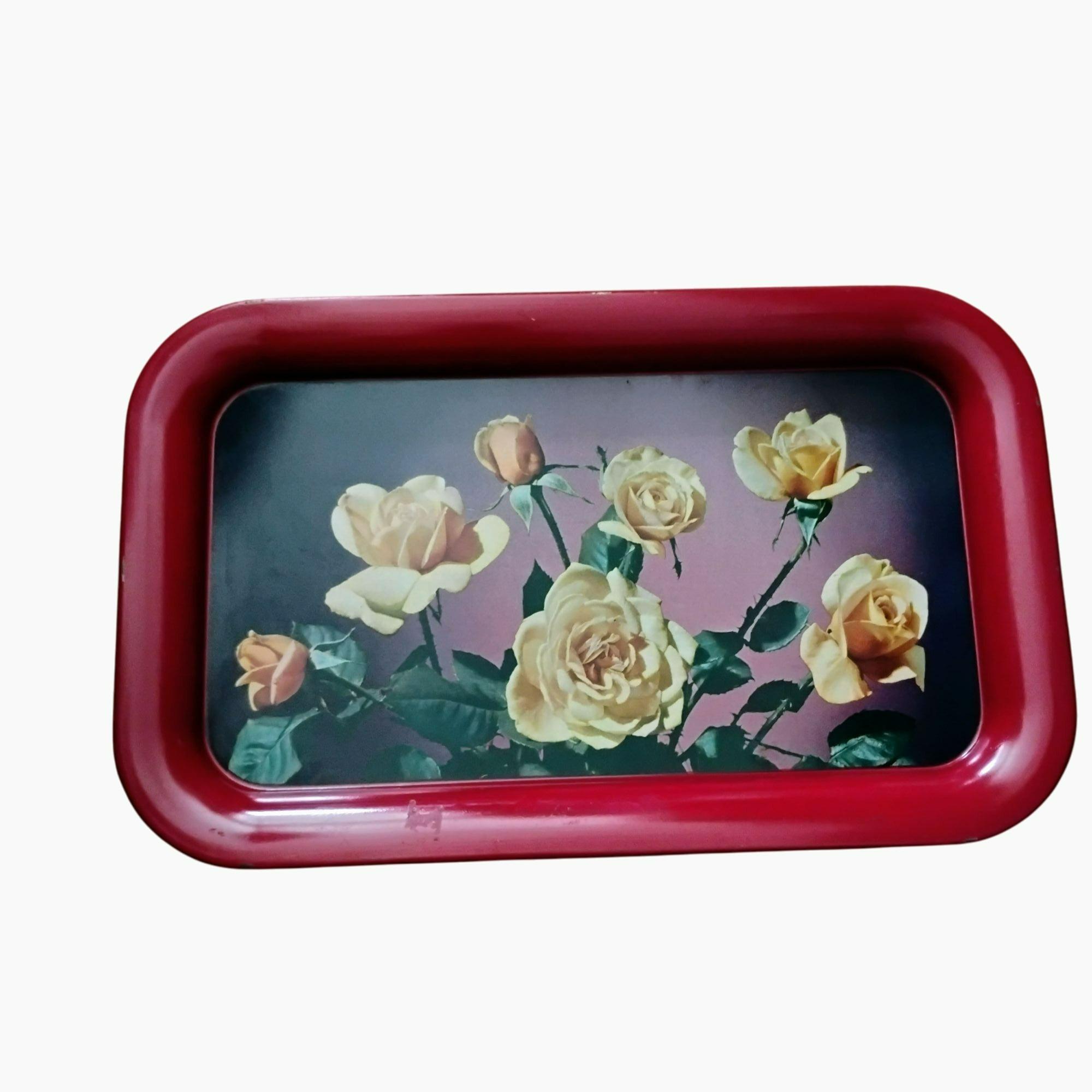 Vintage 14x9 Metal TV Serving Tray, Red Tin With Roses, Cottage