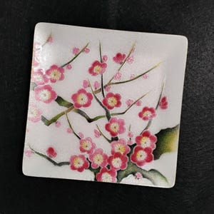 Vintage Japanese Cloisonne Enamel Dish, Cherry Blossom Square Plate, Sumitomo Chemical, Chinoiserie Decor