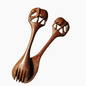 Vintage Hand-Carved Wooden Elephant Salad Server Set, Figural Spoon and Fork, Wood Animal