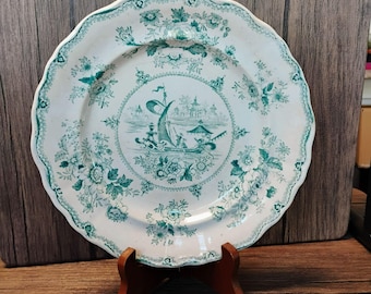 Antique Milanese Transferware Plate With Scalloped Edges & Green Floral Gondola Design 9" Diameter