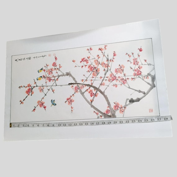 ヴィンテージの中国風梅の花の絵画、サイン入り鳥のアート、水彩画（紙