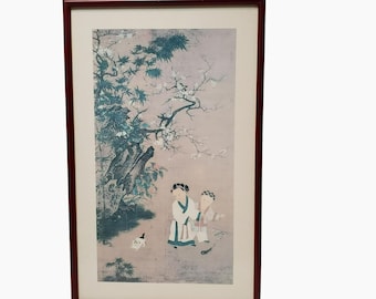 Vintage Taiwan Framed Wall Art on Board - Children Playing Games, with Cat 21x13