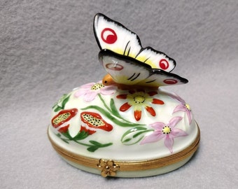 Large Limoges Trinket Box, Butterfly on Egg, Hand Painted, Flowers, Artoria Limoges, Butterfly Box, Limoges Butterfly, Limoges Porcelain