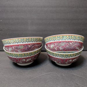 Chinese Porcelain Rice Bowls, Set Of 4, Dragon & Phoenix, Pink Blue Yellow