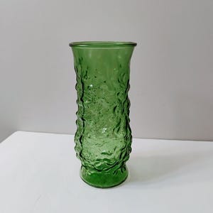 Vintage Mid Century Glass Vase, Avocado Green Crinkle Glass E.O. Brody 9&quot;