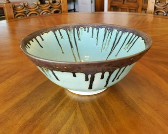 Studio Pottery Bowl, Handmade Pottery, Art Ceramics, signed Pottery, Cerulean Bowl, Copper Glaze, Drip Glaze, Art Pottery, North Carolina