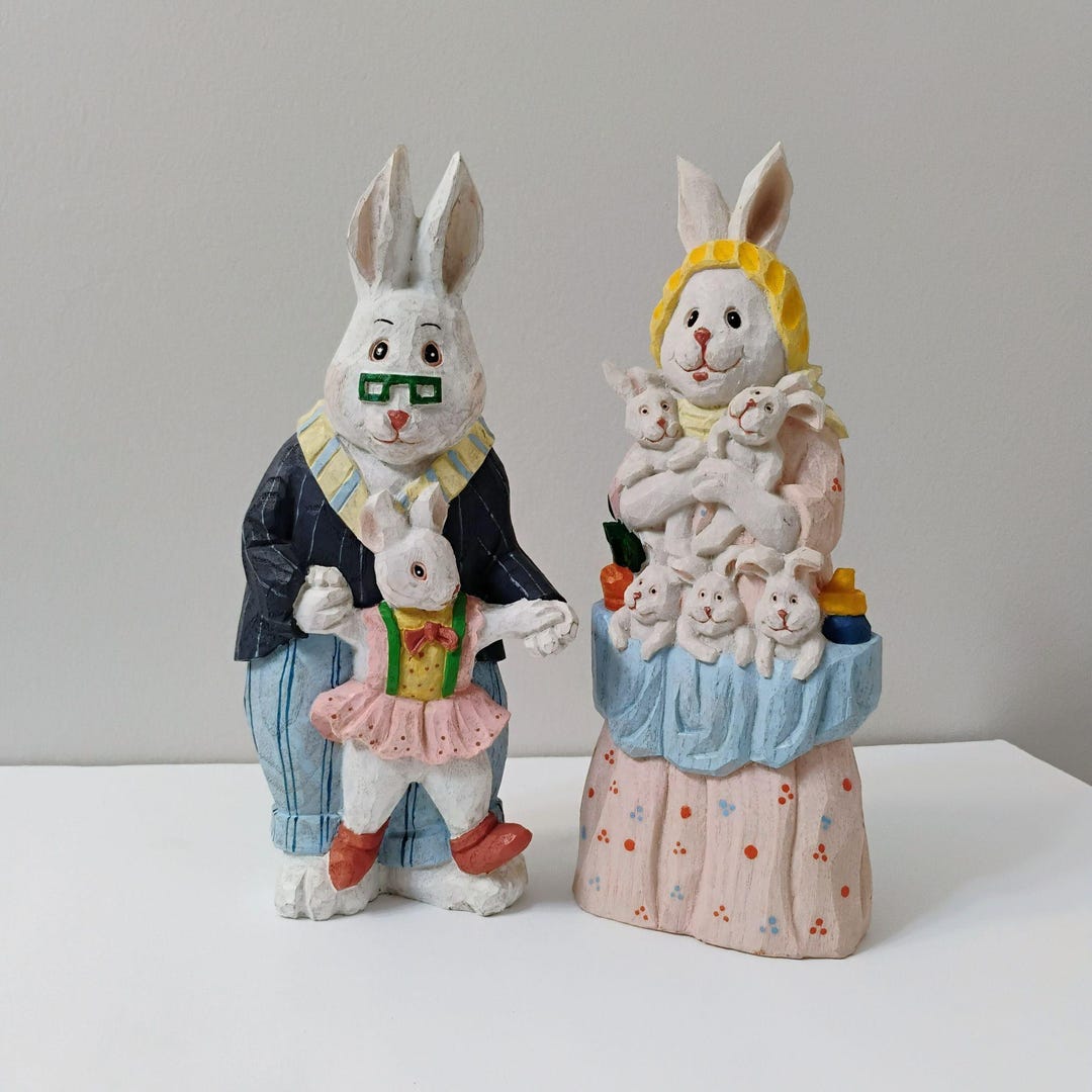 Vintage Mr and Mrs Rabbit & Family Figurines, Set of 2, Rustic, Easter ...