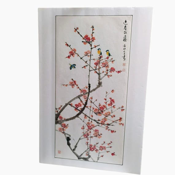 ヴィンテージの中国風梅の花の絵画、サイン入り鳥のアート、水彩画（紙