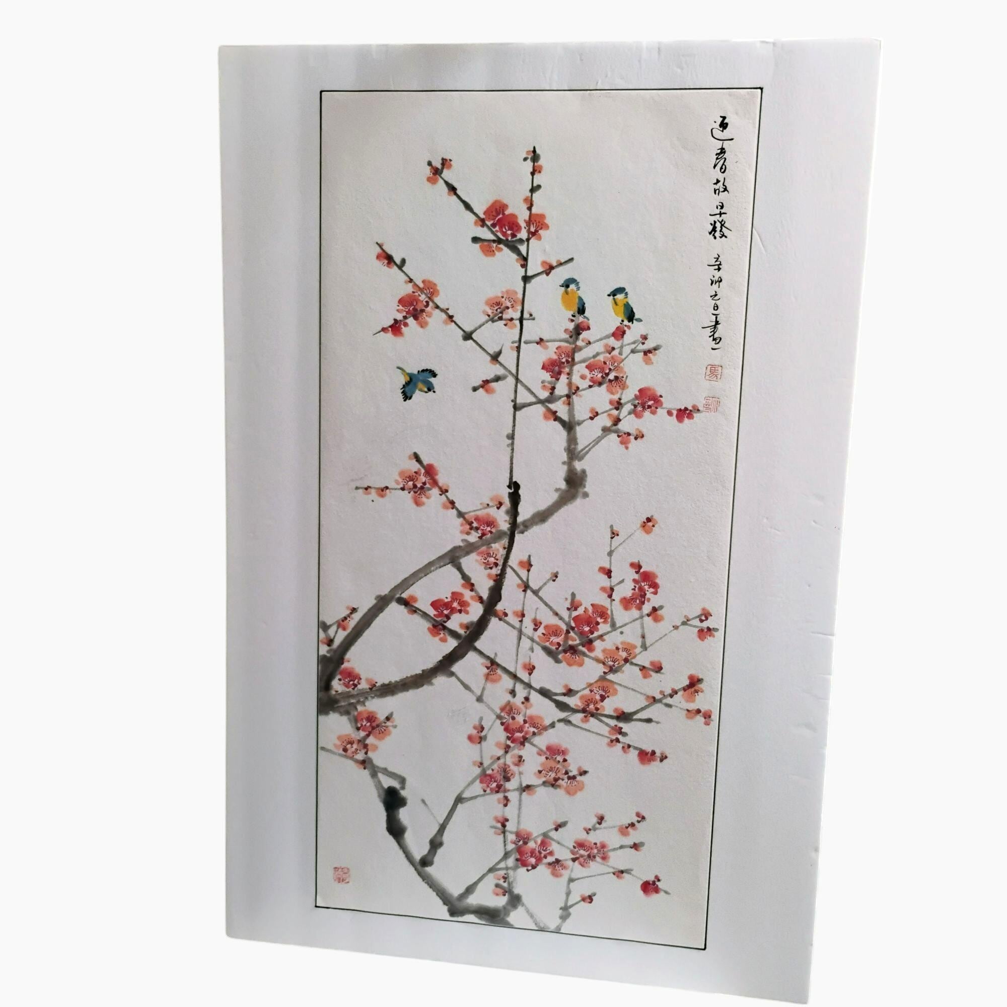 ヴィンテージの中国風梅の花の絵画、サイン入り鳥のアート、水彩画（紙