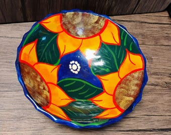 Mexican Talavera Hand-Painted Ceramic Bowl With Floral Design Small Footed Dish Vibrant Colors 7"