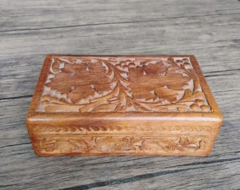 Hand-Carved Wooden Jewelry Box With Floral Design & Velvet Lining 8x5 Boho Decor, Tuscan Grape Leaves
