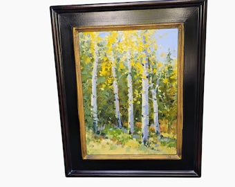 Pintura al óleo al aire libre de Rick McClure "Álamos del arroyo Trujillo" 21x17 Enmarcada 2001