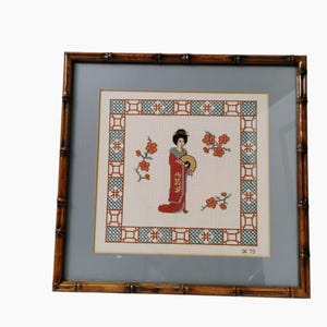 Vintage Japanese Embroidery Cross Stitch Framed Geisha Art 1979 Asian Bamboo Frame