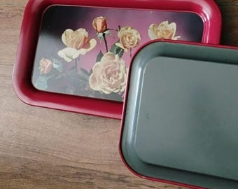 Vintage 14x9 Metal TV Serving Tray, Red Tin With Roses, Cottage