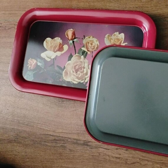 Vintage 14x9 Metal TV Serving Tray, Red Tin With Roses, Cottage