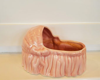 Pink Nursery Crib Planter, Ceramic Baby Bassinet, Girl Baby Shower Gift, Cradle Planter, Mid Century, Vintage Planter, Bassinet Planter