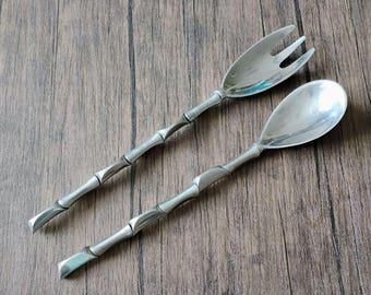 Juego de cubiertos para ensalada de estilo moderno de mediados de siglo, estilo bambú, tono plateado, tenedor y cuchara, 38 cm (15 pulgadas)
