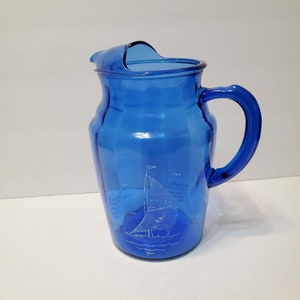 Vintage Hazel Atlas Cobalt Blue Glass Pitcher, 1930s Coastal Ship Sail Boat 82oz