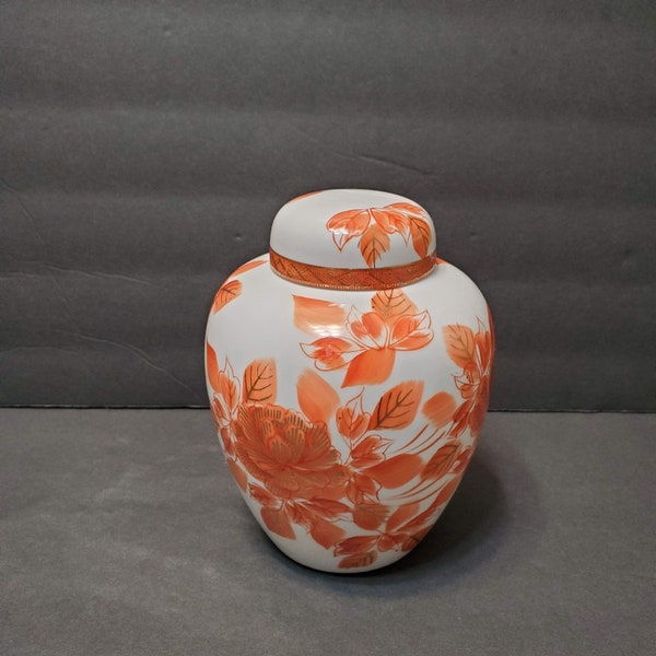 Ginger Jar, Orange Floral, Gold Gilt, Porcelain, Made in Japan, Lidded Jar, Japanese Vase, Porcelain Vase, Orange Flowers