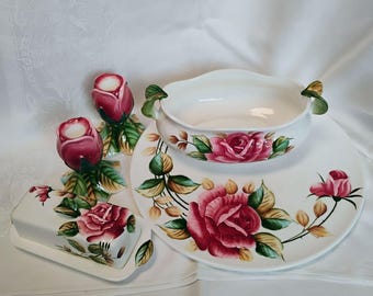 Servizio da tavola vintage Lefton Americana Rose: piatto da torta, burriera, ciotola da portata, portacandele, arredamento cottagecore, Giappone anni '50, Mid Century