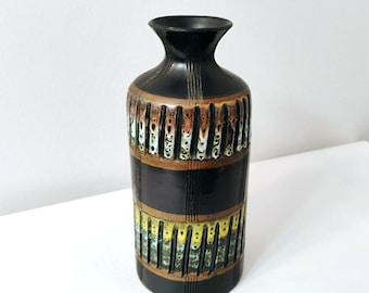 Vintage MCM Kreiss Italy Art Pottery Vase, Black Abstract, 8.5 inch Cylinder, Bitossi Italian Ceramics, Textured Stripes, Mid Century Decor