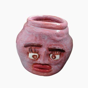 Nyckfull keramisk Ugly Face-kanna handgjord Carolina Pottery rosa planteringskruka i vas