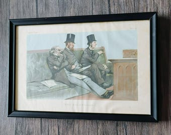 Oprawiona litografia Vanity Fair z 1880 r., karykatura brytyjskiej polityki, grafika Vincenta Brooksa, Babble Birth and Brummagem, historia ławy skarbowej