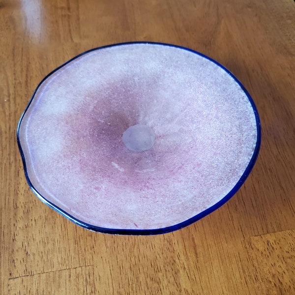 Pink Frosted Glass Trinket Dish with Blue Rim, Hand Blown, Art Glass, Satin Glass, Pink and Blue, Pink Satin Glass, Pink Trinket Dish