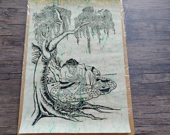 Tradycyjna japońska sztuka malowana tuszem na tekturze teksturowanej – 24"x16" z ilustracją drzewa i człowieka