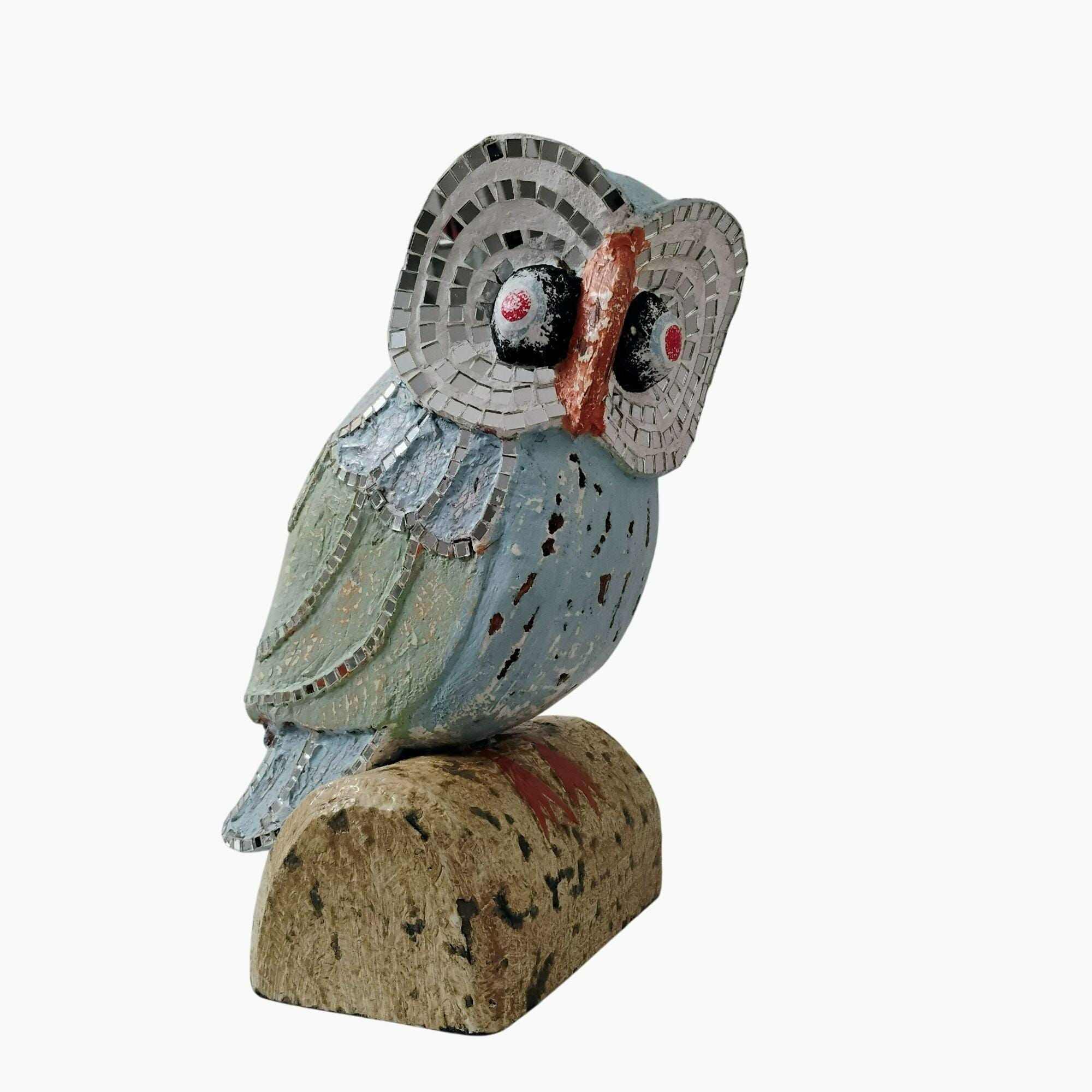 Vintage Mosaic Owl Sculpture With Mirror Accents, Hand Painted Wood Bird 13"