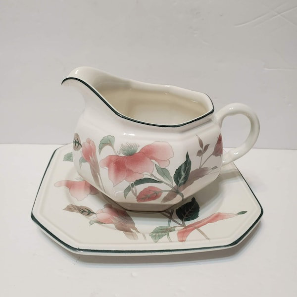 Vintage Mikasa Silk Flowers Gravy Boat with Under Plate, Octagon, Japan, Pink Flowers, Floral, 1980s, Mikasa Silk Flowers, Gravy Boat