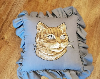 Vintage Handmade Cat Pillow, Applique Pillow, Tabby Cat, Accent Pillow, Gray Pillow with Ruffle, Gift for Cat Lady, Cat Lover, Cat Pillow
