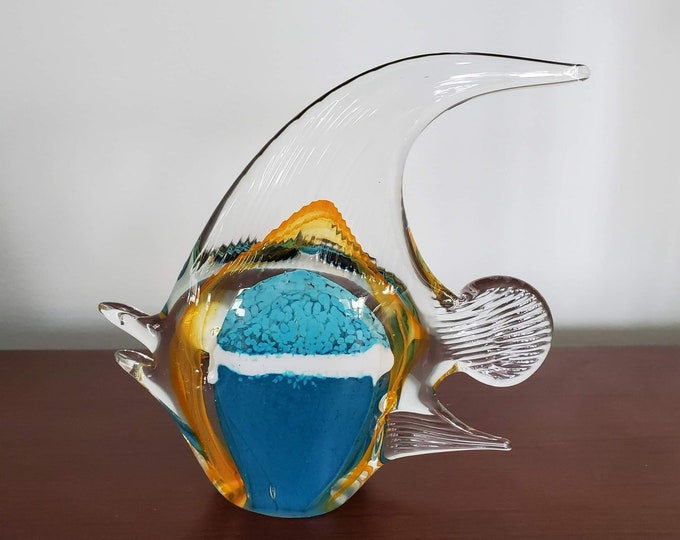 Art Glass Angel Fish, Large Hand Blown Glass Fish Statue, Blue Orange