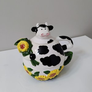Clay Art San Francisco Teapot, Cow in Sunflowers, Tea-For-One Set, Vintage 1994, Farmhouse Decor, Farm Animal Tea Pot, Sun Flower Decor