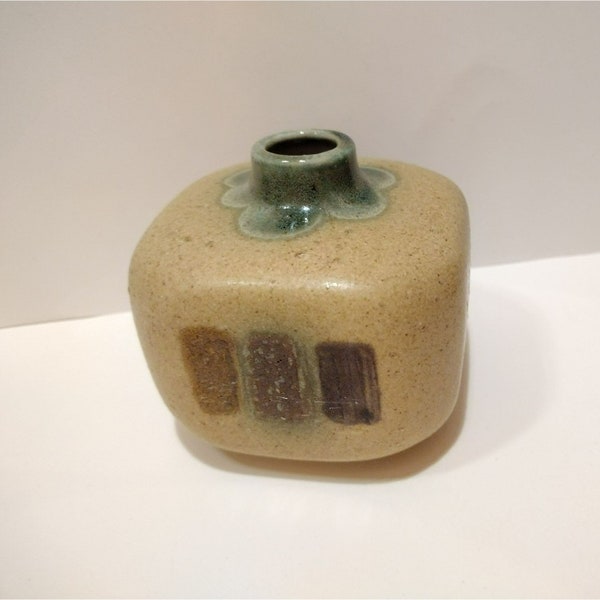 Vintage Napco Square Bud Vase, MCM, Tan Ceramic, Chunky Stripes, Brown and Green, 3 inch, Japan, Mid Century Pottery, Mini Vase