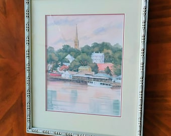 Framed Matted Art Print Signed Mary Ellen Golden, Wilmington NC, Limited Edition 236/1000 1996, Cape Fear River, Waterfront Scene Watercolor