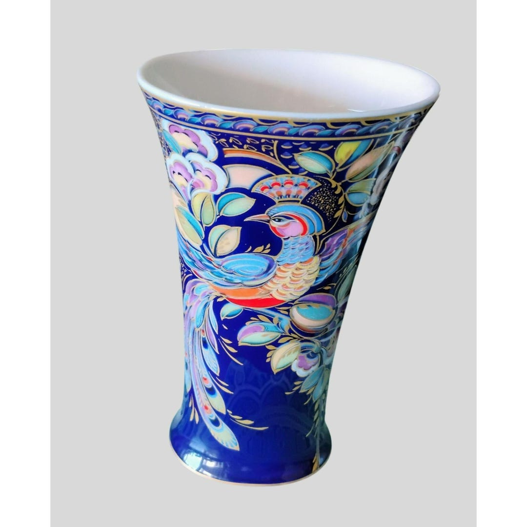 Kaiser Germany Karibik Porcelain Vase, Phoenix Bird on Cobalt Blue