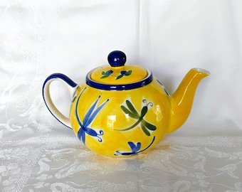 Vintage April Cornell 2001 Teapot Yellow Dragonflies Blueberries Cottagecore Floral Ceramic