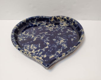 Bennington Potters Spongeware Heart Dish, Blue Agate, Made in Vermont 1950