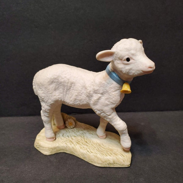 Cybis Lamb Figurine, Mandy Lamb, Sheep with Blue Ribbon and Bell, 1970s, Bisque Porcelain, Lamb Figurine, Cybis, Cybis Mandy