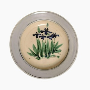 Vintage Hand-Painted Redware Ceramic Platter, Floral Design, 14 inch Serving Dish, Iris Flowers, Cottagecore Decor, Art Pottery