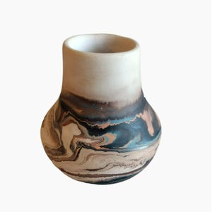Handcrafted Nemadji Pottery Vase With Swirled Marbled Design, MCM 1970s Brown Cream Orange