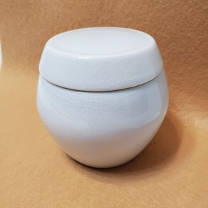 May include: A small, white ceramic jar with a lid. The jar has a rounded shape with a slightly textured surface and a glossy finish. The lid fits snugly on top. The jar is sitting on a brown surface.