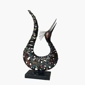 Black Copper Metal Brutalist Bird Sculpture, 20 inch, Heron Statue, Crane Bird, Vintage 1990s, Pier 1 Metal Bird, Rustic Metal Garden Decor