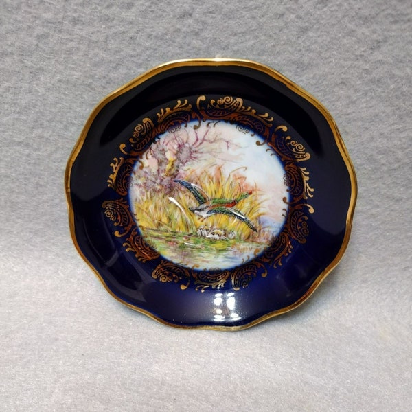 Vintage Limoges France Ring Dish, Cobalt Blue, Gold Trim, Flying Duck design, Porcelain Coaster, Limoges Trinket Dish, Limoges China