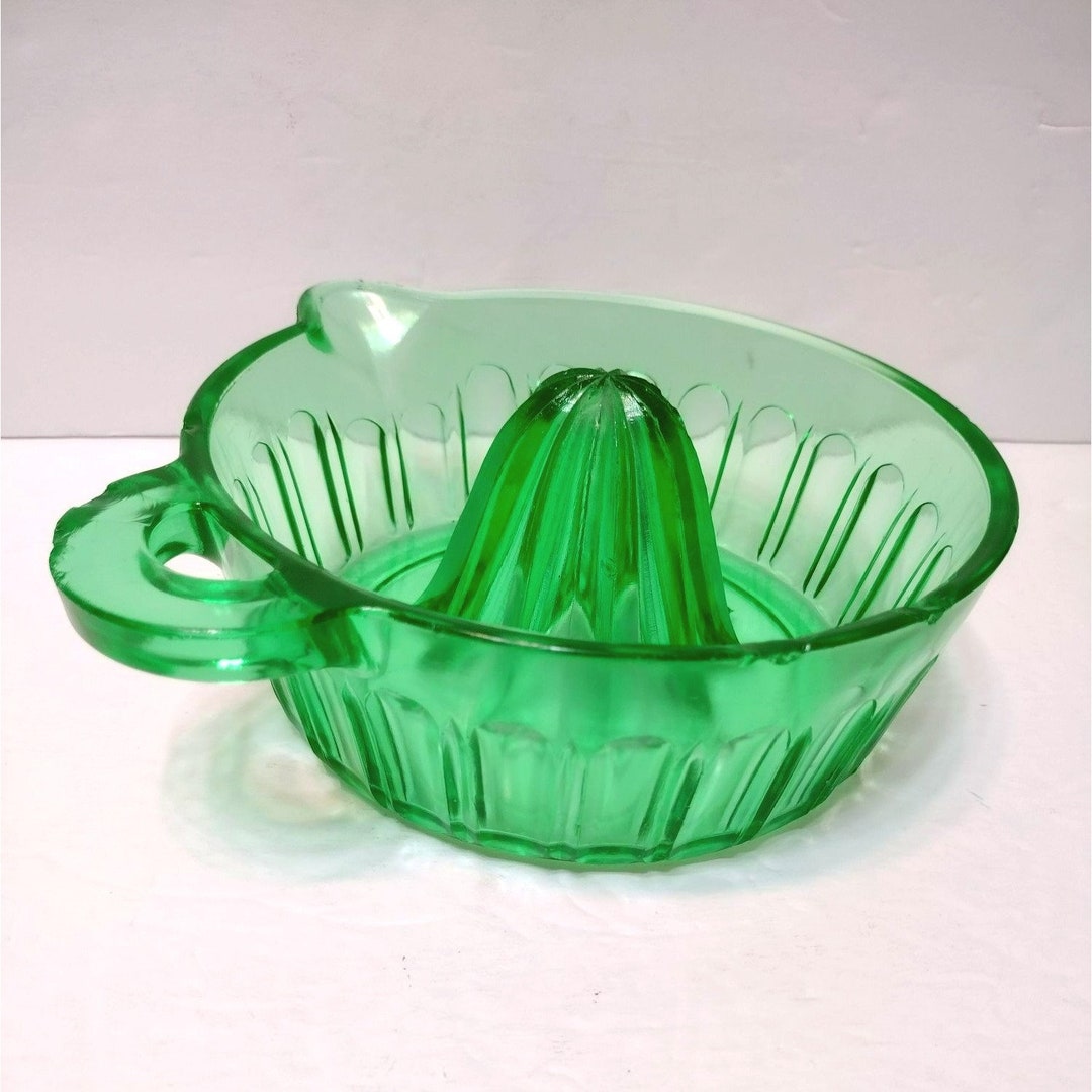 Vintage Green Glass Juicer, Uranium Glass, Large Ribbed Citrus Juice