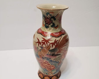 Vintage Hand painted Oriental Vase, Satsuma style, Moriage, Asian Porcelain Vase, Bird design, Floral, Gilded, Chinoiserie, Chinese Vase