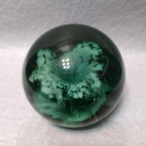 Large Green Glass Dump Paperweight with Flower, Handblown Art Glass, Unmarked, Floral Paperweight, Green Flower Paperweight, Vintage Glass